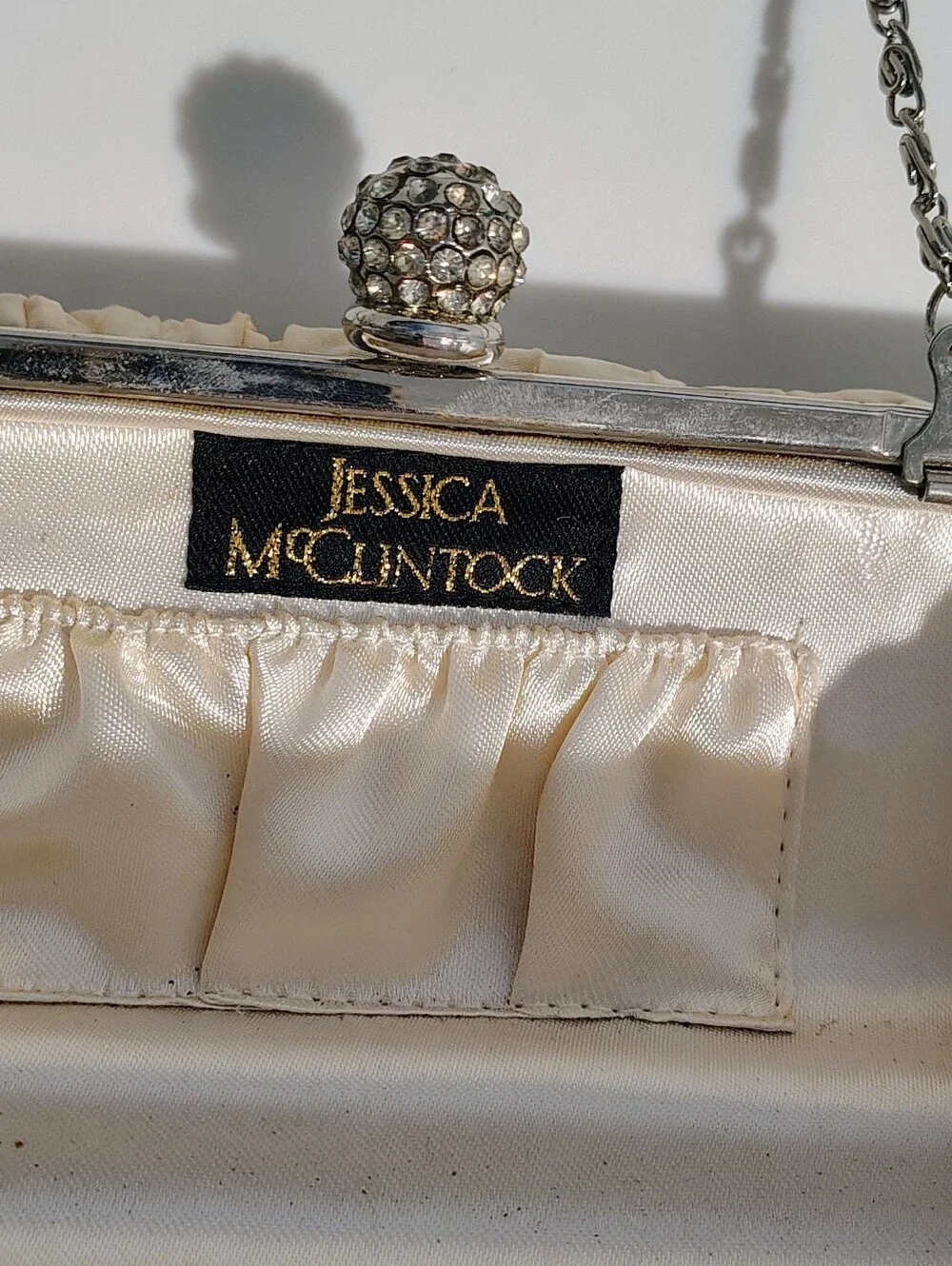 Y2K Jessica McClintock VTG Ivory Evening Bag, Rhinestone Clasp Clutch Crossbody